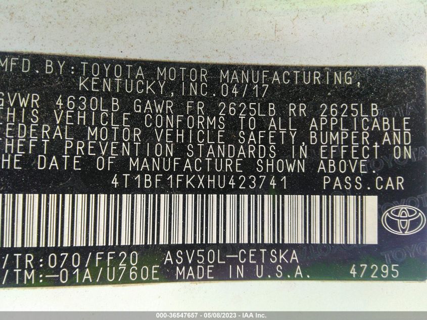2017 TOYOTA CAMRY XLE/SE/LE/XSE - 4T1BF1FKXHU423741