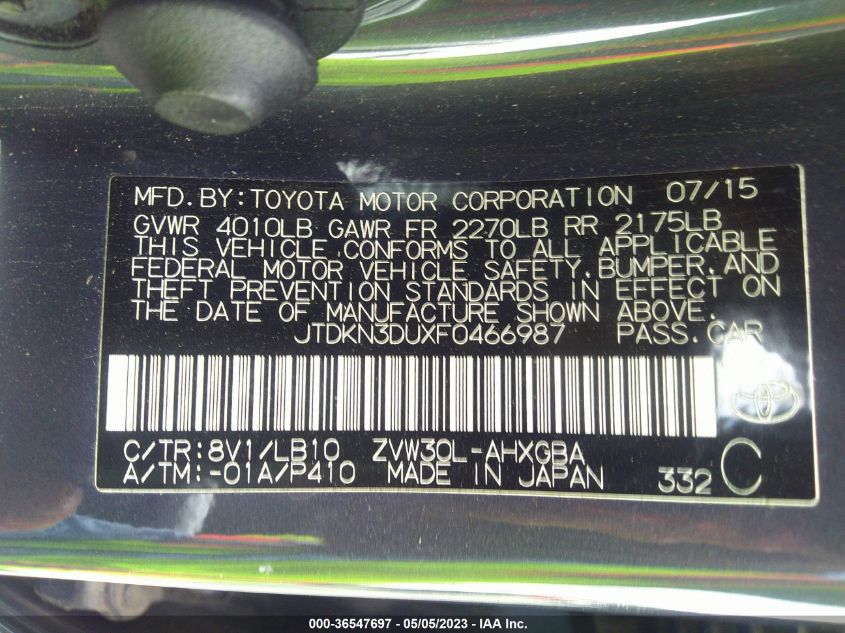 2015 TOYOTA PRIUS FOUR - JTDKN3DUXF0466987