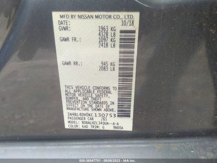2019 NISSAN ALTIMA 2.5 SV - 1N4BL4DV0KC130753