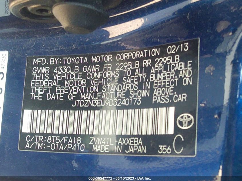 2013 TOYOTA PRIUS V TWO/THREE/FIVE - JTDZN3EU9D3240173