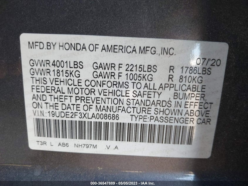 VIN 19UDE2F3XLA008686 2020 ACURA ILX