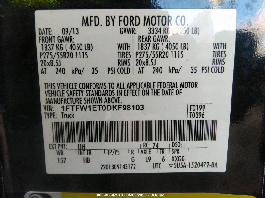 2013 FORD F-150 XL/XLT/FX4/LARIAT - 1FTFW1ET0DKF98103