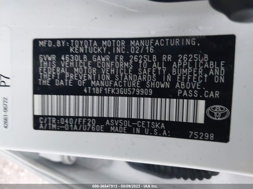 2016 TOYOTA CAMRY XLE/SE/LE/XSE - 4T1BF1FK3GU579909
