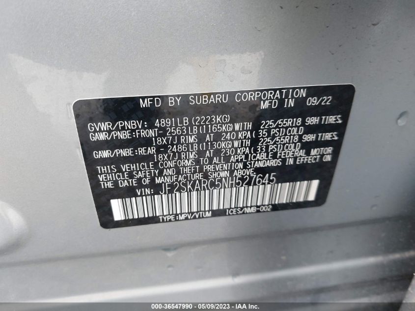 2022 SUBARU FORESTER TOURING - JF2SKARC5NH527645
