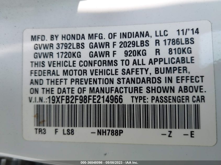 2015 HONDA CIVIC SEDAN EX-L - 19XFB2F98FE214966