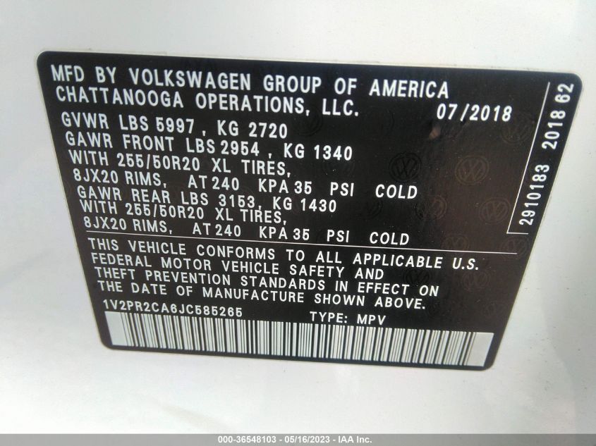 2018 VOLKSWAGEN ATLAS 3.6L V6 SE W/TECHNOLOGY - 1V2PR2CA6JC585265