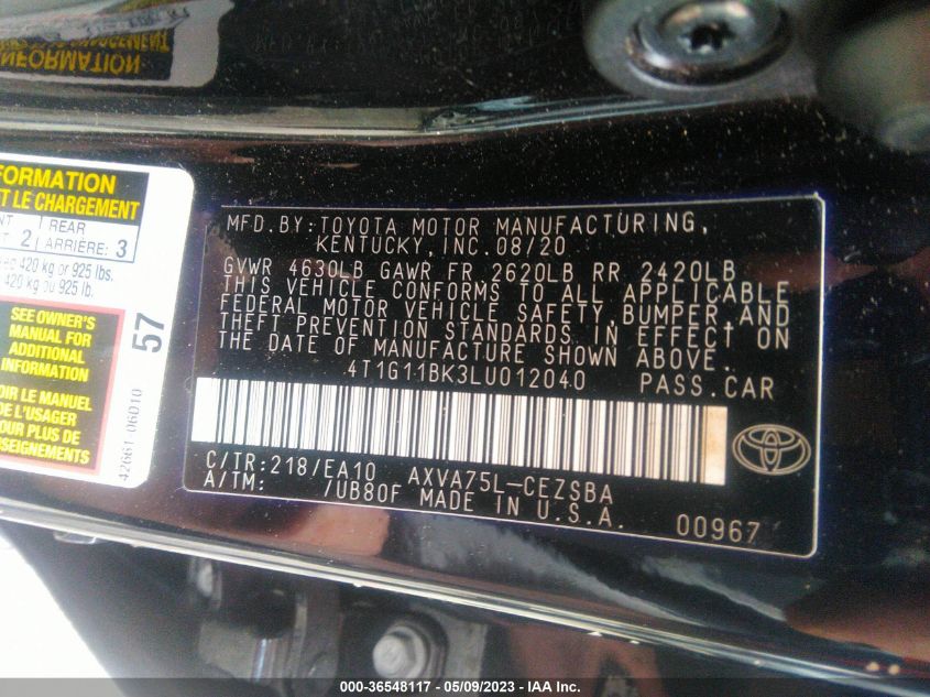 2020 TOYOTA CAMRY SE - 4T1G11BK3LU012040
