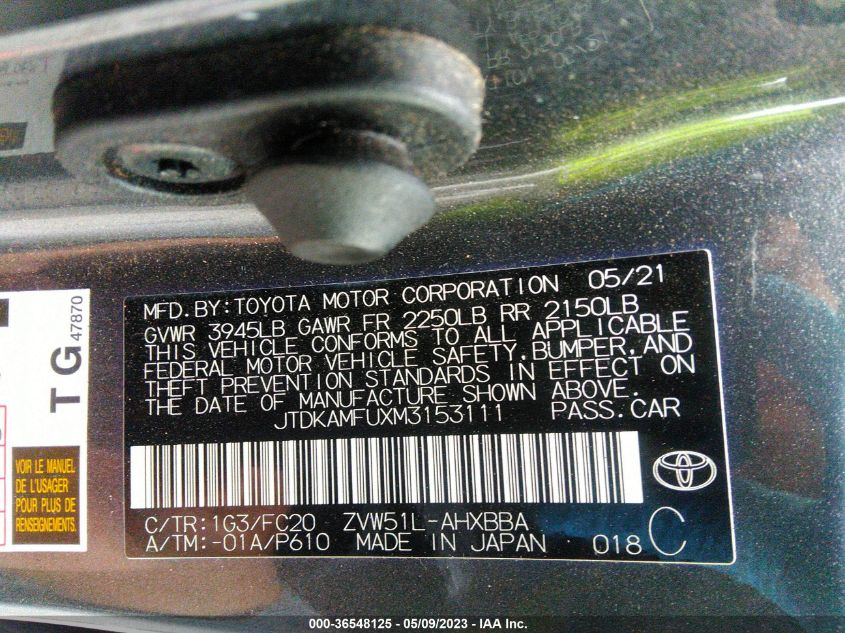 2021 TOYOTA PRIUS L - JTDKAMFUXM3153111