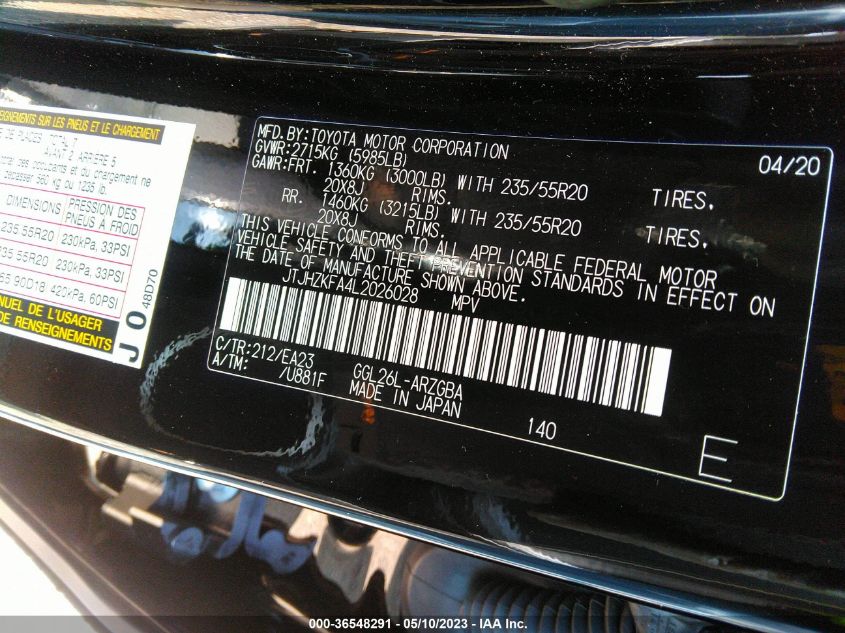 2020 LEXUS RX RX 350L - JTJHZKFA4L2026028