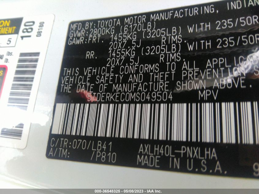 2021 TOYOTA SIENNA LIMITED/PLATINUM - 5TDERKEC0MS049504