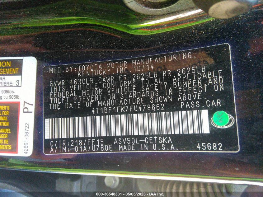 2015 TOYOTA CAMRY XLE/SE/LE/XSE - 4T1BF1FK7FU478662
