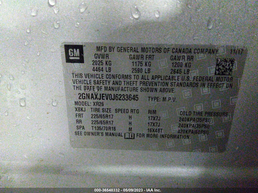 VIN 2GNAXJEV0J6233645 2018 CHEVROLET EQUINOX LT