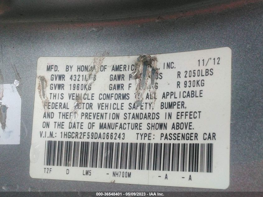 2013 HONDA ACCORD SDN SPORT - 1HGCR2F59DA066243
