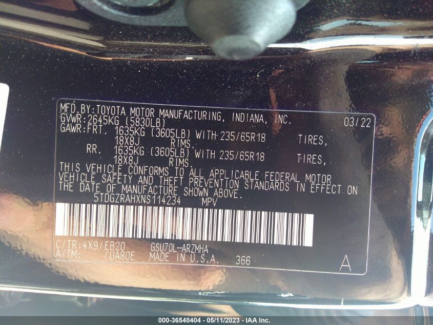 2022 TOYOTA HIGHLANDER XLE - 5TDGZRAHXNS114234