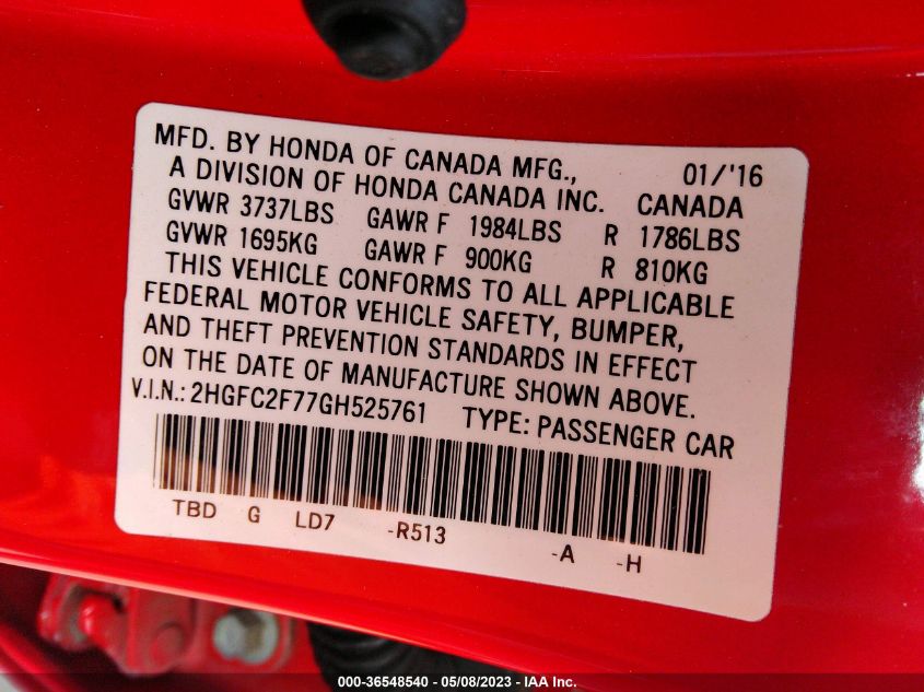 2016 HONDA CIVIC SEDAN EX - 2HGFC2F77GH525761