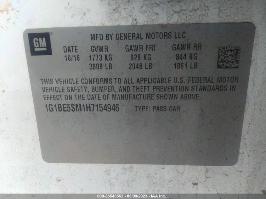 2017 CHEVROLET CRUZE LT - 1G1BE5SM1H7154946