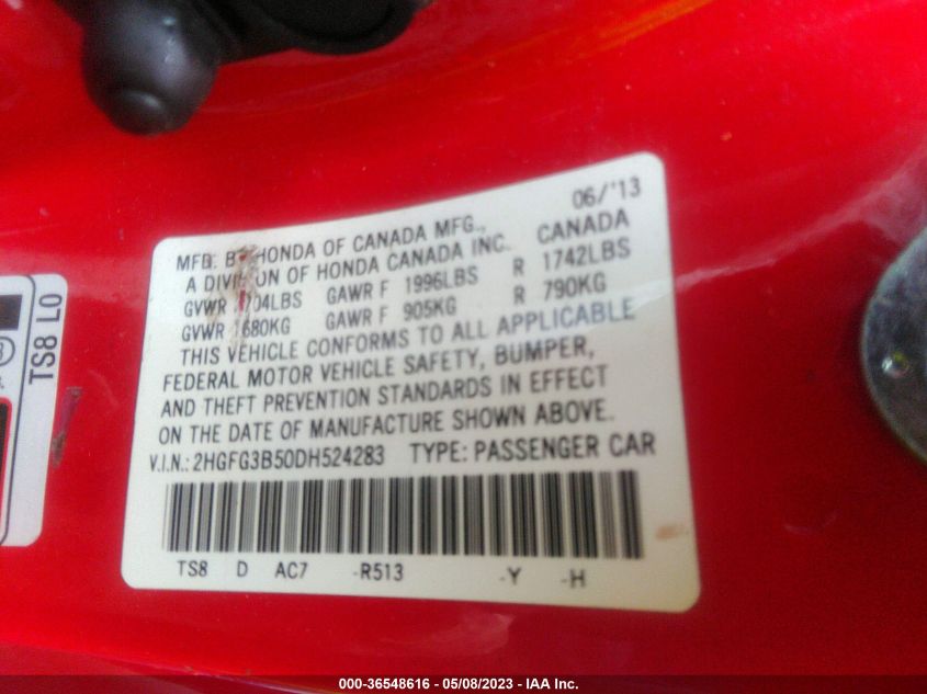 2013 HONDA CIVIC CPE LX 2HGFG3B50DH524283