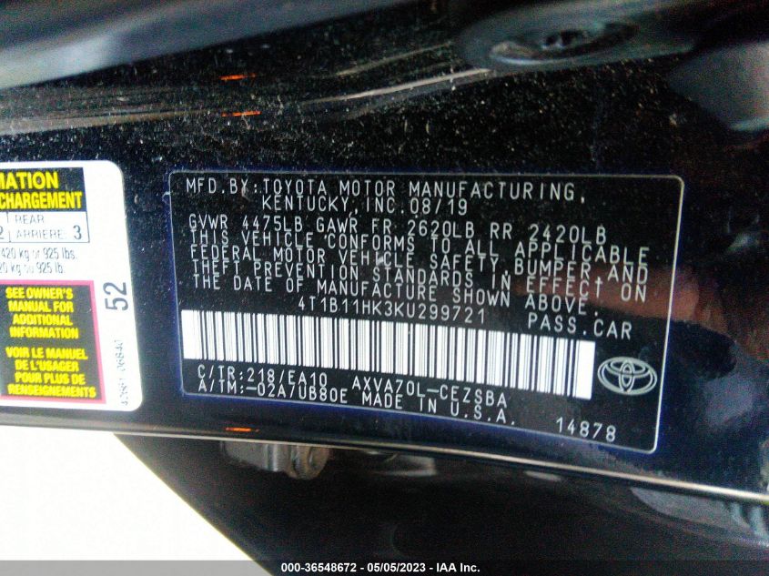 2019 TOYOTA CAMRY LE/SE/XLE/L - 4T1B11HK3KU299721