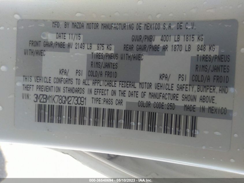 2016 MAZDA MAZDA3 I SPORT - 3MZBM1K78GM273091