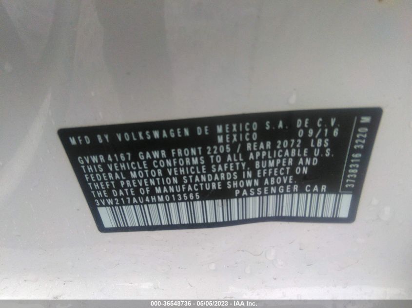 2017 VOLKSWAGEN GOLF S - 3VW217AU4HM013565