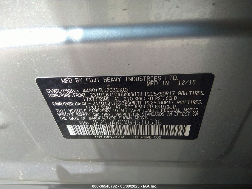 2016 SUBARU FORESTER 2.5I LIMITED - JF2SJARCXGH510538