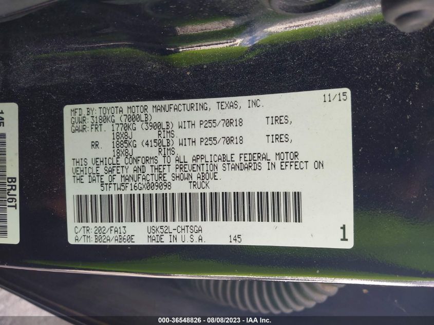 2016 TOYOTA TUNDRA 2WD TRUCK SR/SR5 - 5TFTW5F16GX009098