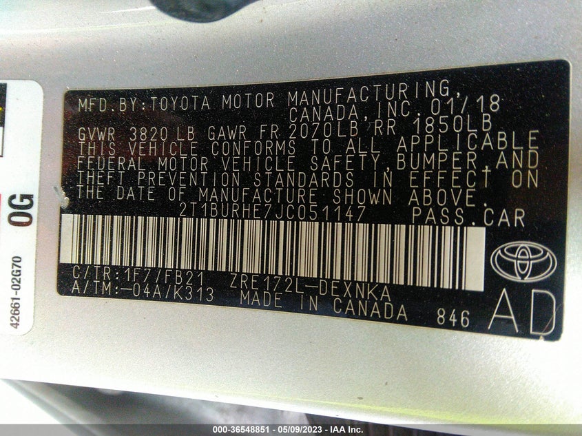 VIN 2T1BURHE7JC051147 2018 TOYOTA COROLLA L/LE/XLE/SE/XSE