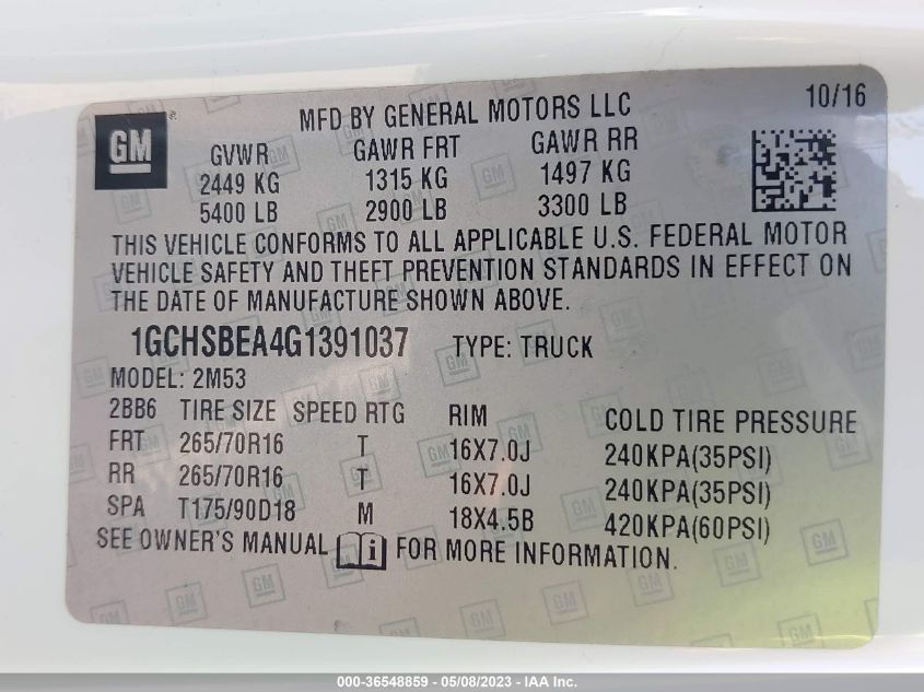 2016 CHEVROLET COLORADO 2WD WT - 1GCHSBEA4G1391037