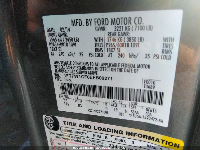 2014 FORD F-150 XL/STX/XLT/FX2/LARIAT - 1FTFW1CF0EFB09271