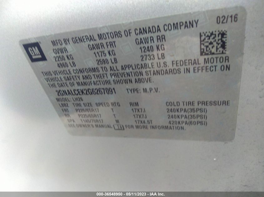 2016 CHEVROLET EQUINOX LT - 2GNALCEK2G6267091