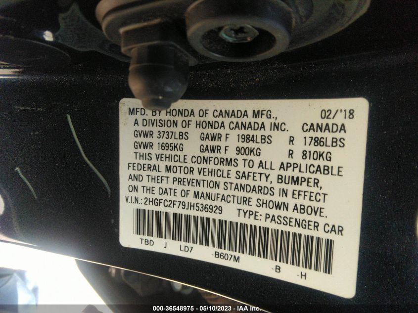 2018 HONDA CIVIC SEDAN EX - 2HGFC2F79JH536929