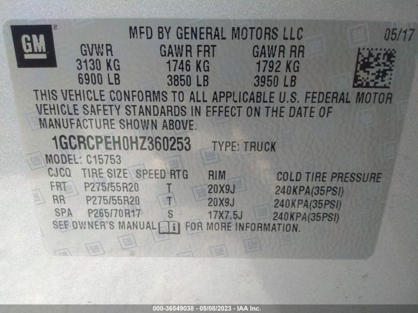 2017 CHEVROLET SILVERADO 1500 CUSTOM - 1GCRCPEH0HZ360253