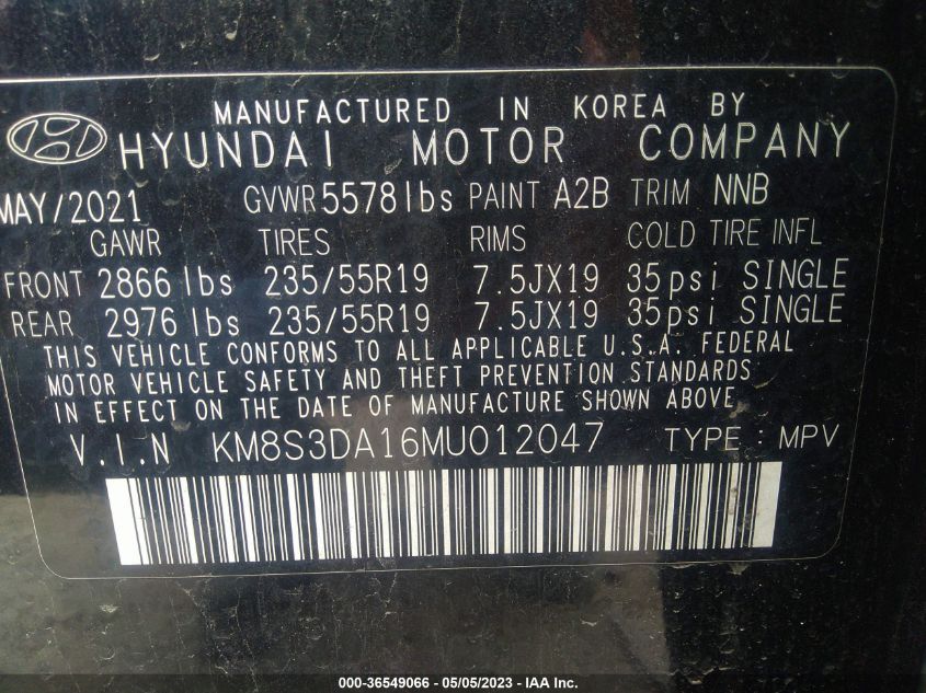 2021 HYUNDAI SANTA FE HYBRID SEL PREMIUM - KM8S3DA16MU012047