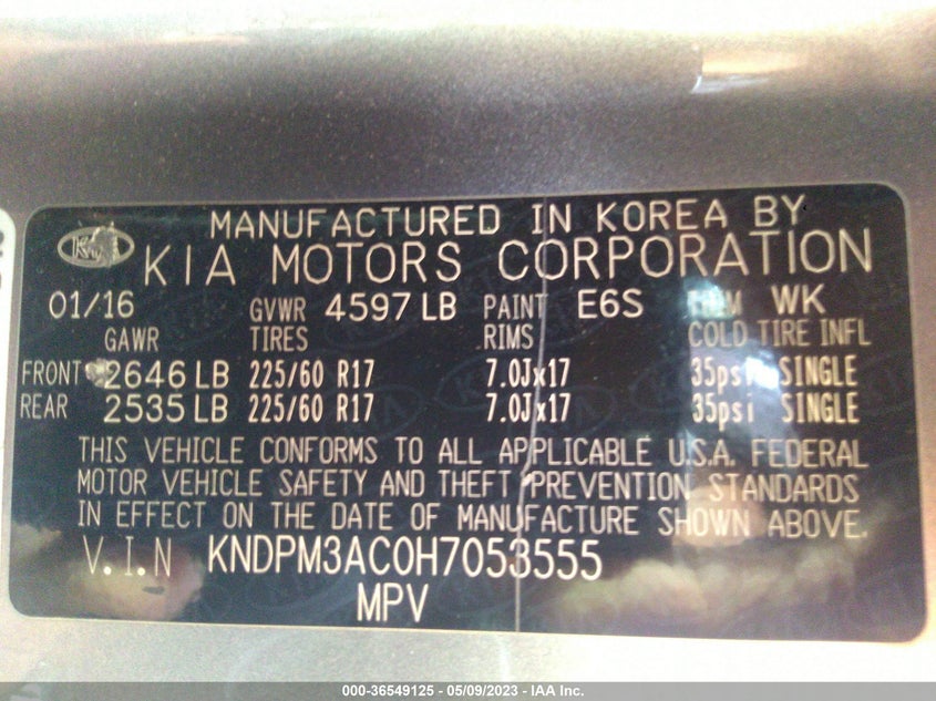 VIN KNDPM3AC0H7053555 2017 KIA SPORTAGE LX