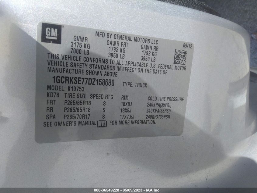 2013 CHEVROLET SILVERADO 1500 LT - 1GCRKSE77DZ158680