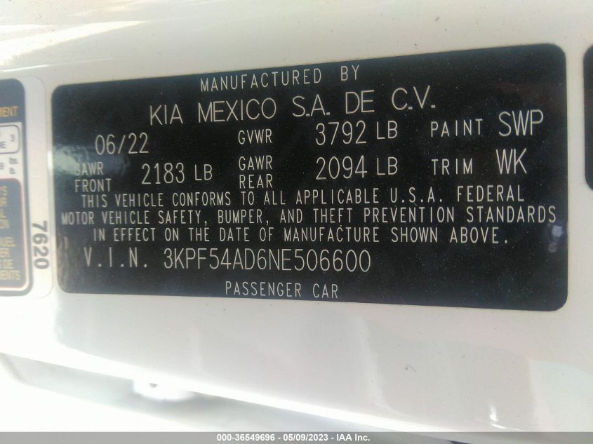 2022 KIA FORTE GT-LINE - 3KPF54AD6NE506600