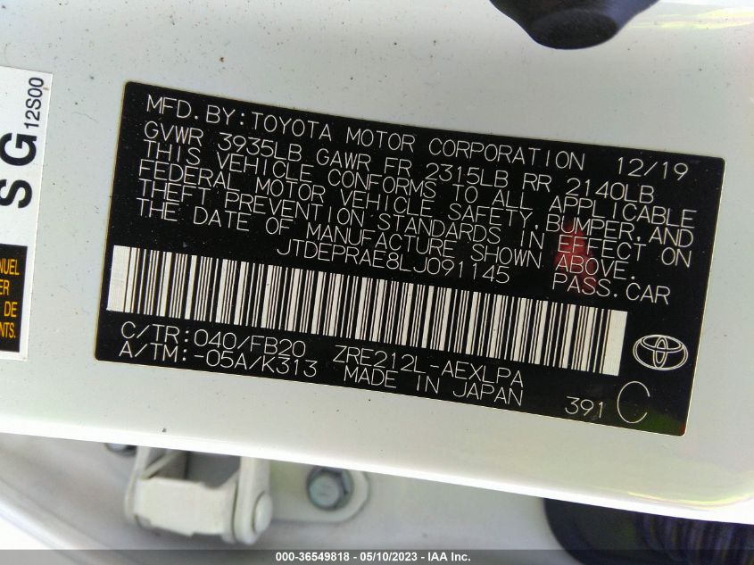 2020 TOYOTA COROLLA LE - JTDEPRAE8LJ091145