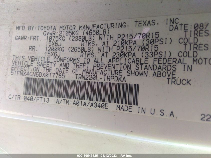 2013 TOYOTA TACOMA - 5TFNX4CN6DX017785