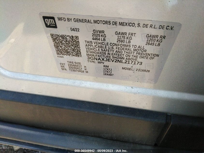 2022 CHEVROLET EQUINOX LT - 3GNAXJEV2NL217173