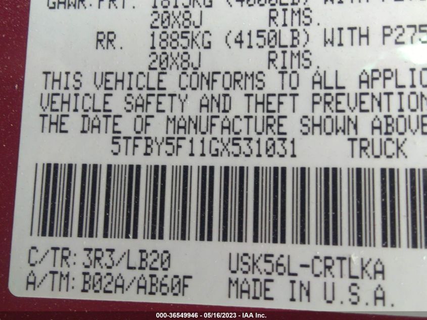 2016 TOYOTA TUNDRA 4WD TRUCK LTD - 5TFBY5F11GX531031