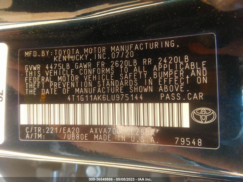 2020 TOYOTA CAMRY SE - 4T1G11AK6LU975144