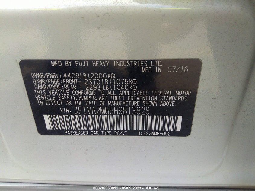 VIN JF1VA2M65H9813828 2017 SUBARU WRX STI