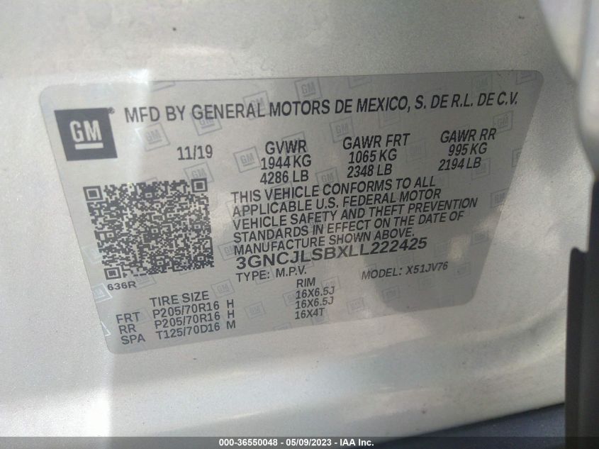 2020 CHEVROLET TRAX LT - 3GNCJLSBXLL222425