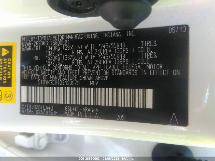 2013 TOYOTA HIGHLANDER LIMITED - 5TDYK3EH4DS120979