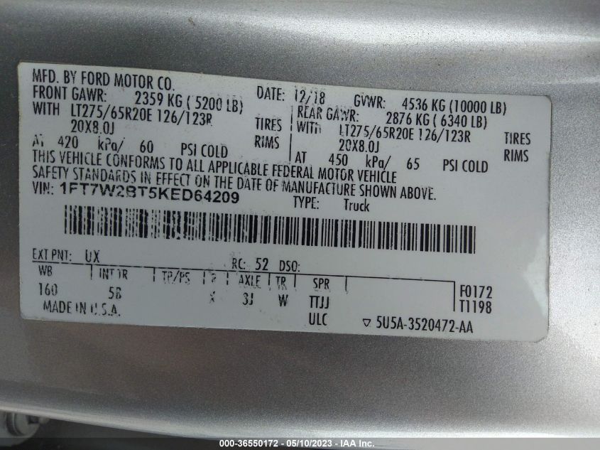 2019 FORD SUPER DUTY F-250 SRW XL/XLT/LARIAT - 1FT7W2BT5KED64209