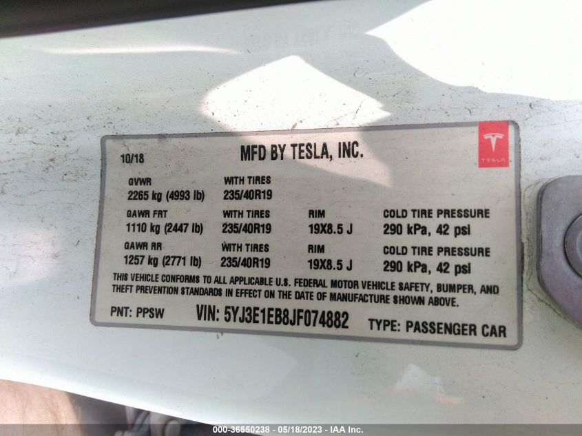 2018 TESLA MODEL 3 LONG RANGE - 5YJ3E1EB8JF074882