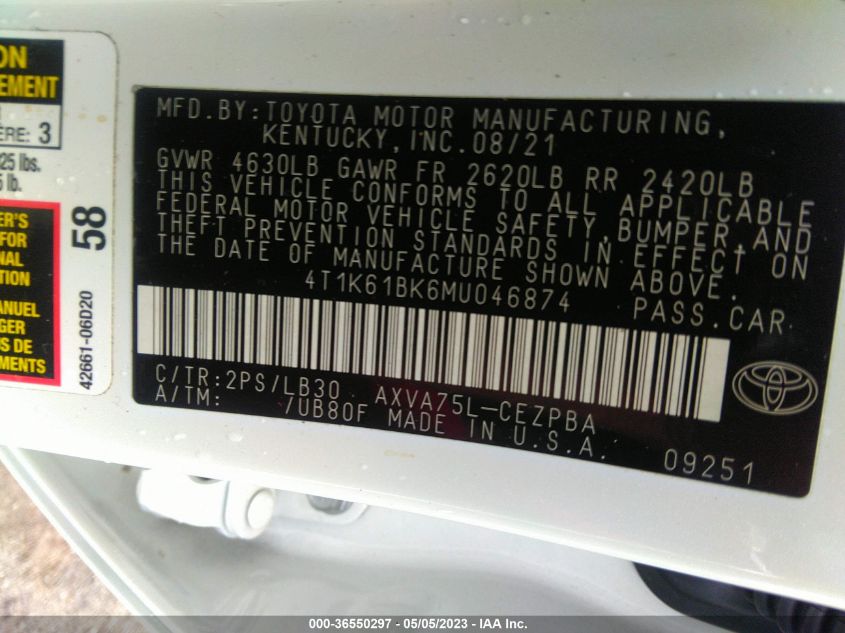 2021 TOYOTA CAMRY XSE - 4T1K61BK6MU046874