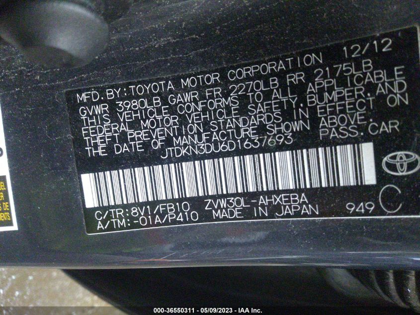 2013 TOYOTA PRIUS ONE/TWO/THREE/FOUR/FIVE - JTDKN3DU6D1637693