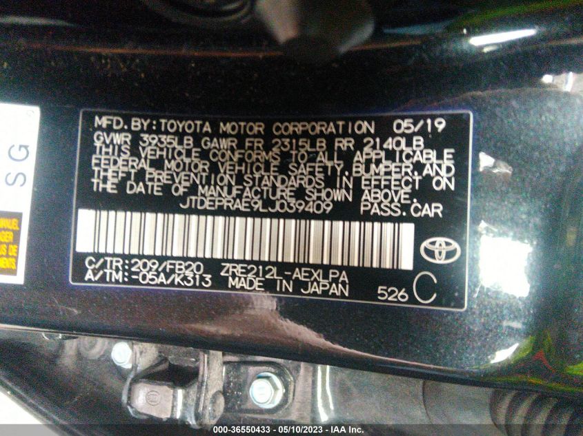 2020 TOYOTA COROLLA LE - JTDEPRAE9LJ039409