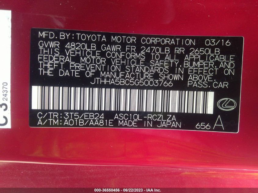 2016 LEXUS RC 200T - JTHHA5BC5G5003766
